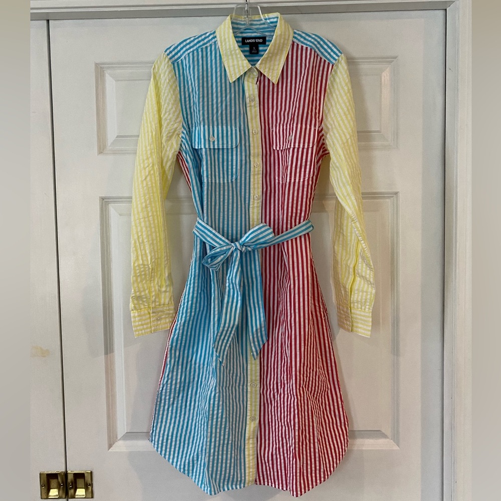 Lands' End Long Sleeve Seersucker Button Front Shirt Dress